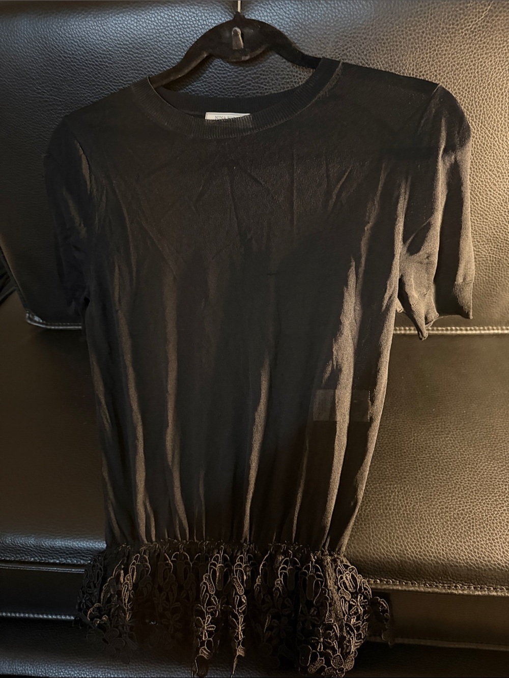 Nina Ricci Black Knit Top with Lace Peplum Hem